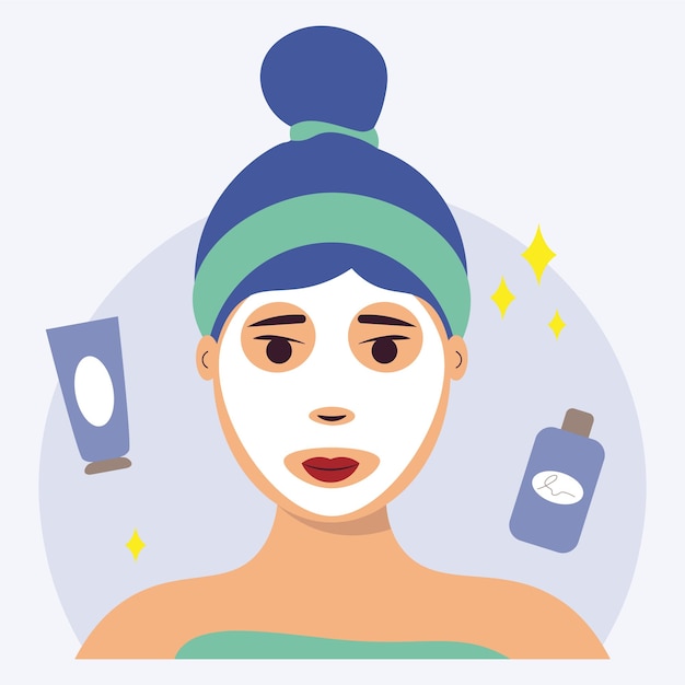 Portrait Of Girl With A White Moisturizing Mask Vector Illustration In Flat Style