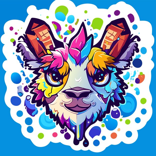 Portrait of goat in pop art style flying colors expression hand drawn flat stylish cartoon sticker