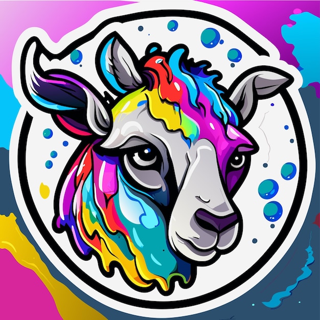 Portrait of goat in pop art style flying colors expression hand drawn flat stylish cartoon sticker