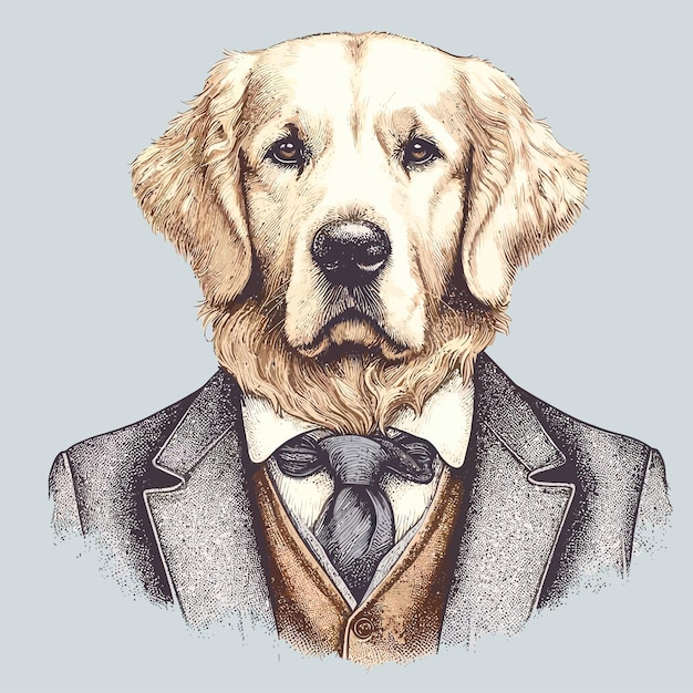 Portrait of Golden Retriever in suit Handdrawn illustration Vector isolated elements