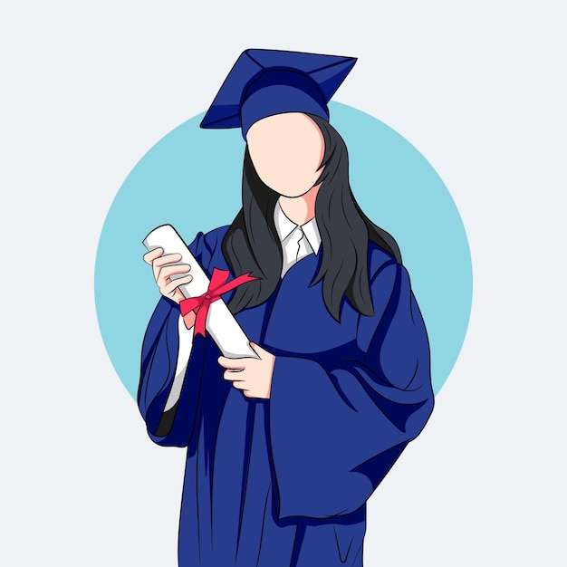 Vector portrait of graduate student in gown holding diploma and standing