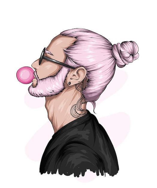 Vector portrait of handsome hipster guy with stylish hairstyle and chewing gum