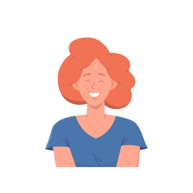 Portrait of happy casual young teenager ginger woman student freelancer cartoon character with friendly smiling freckled face and closed eyes in pleasure people positive emotion vector illustration