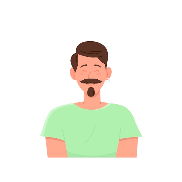 Vettore ritratto di un uomo felice con baffi e barba che mostra un'emozione positiva che si sente bene soddisfatto illustrazione vettoriale di un personaggio di cartone animato adulto hipster che sorride con gli occhi chiusi isolato sul bianco