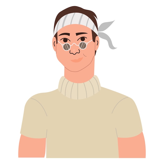 Vector portrait of happy smiling hipster guy in glasses and bandana on his head avatar of funny character