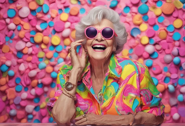 Vector portrait of happy smiling senior woman in sunglasses posing with colorful candy and looking at camer