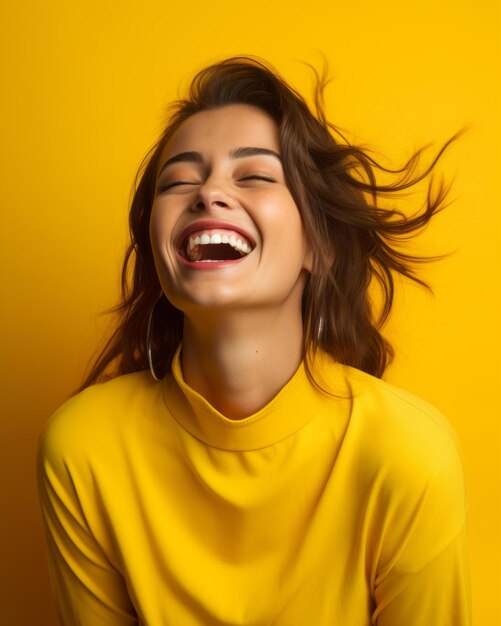 Portrait of happy woman laughing on yellow background stock photo