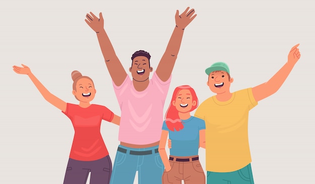 Vector portrait of happy young people. cheerful friends, friendly company shows joyful emotions. students or graduates of the school. vector illustration in flat style