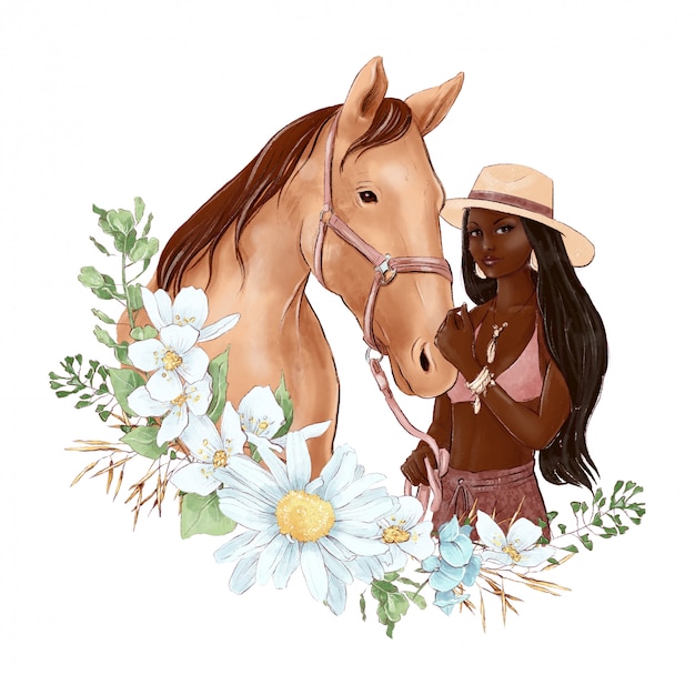 Portrait of a horse and a girl in digital watercolor style and a bouquet of daisies