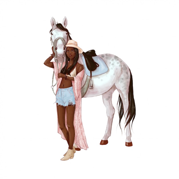 Portrait of a horse and a girl in digital watercolor style