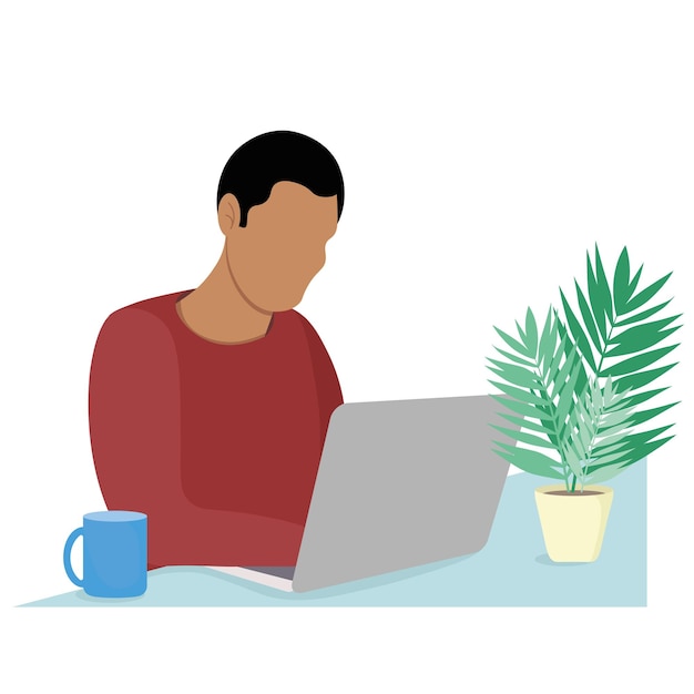 Vector portrait of a indian guy sitting at a table with a laptop, the guy works at home