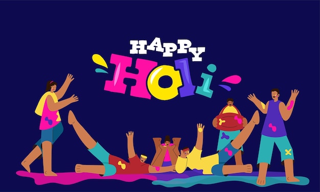 Portrait Of Indian People Playing With Colors On Blue Background For Happy Holi Celebration Concept