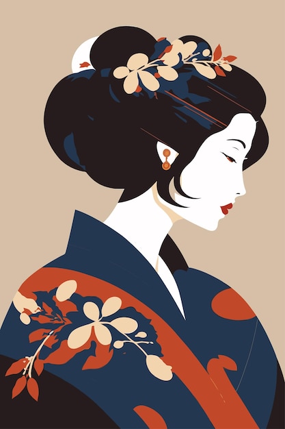 ベクトル 伝統的な花飾りの着物日本女性の肖像画日本の芸者