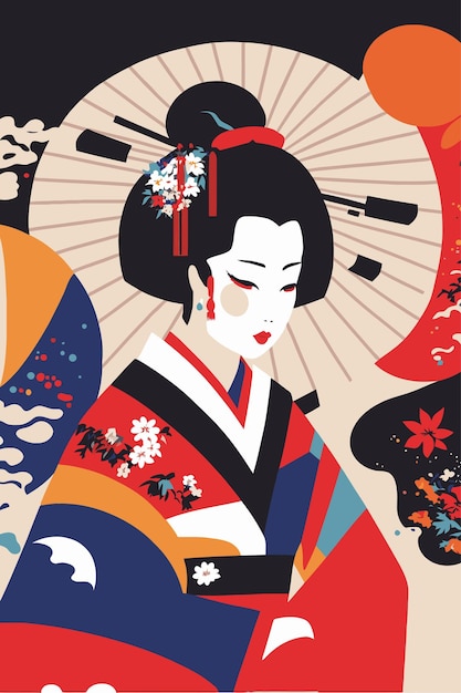 Вектор Портрет японской гейши в кимоно япония женщина в традиционном цветочном орнаменте