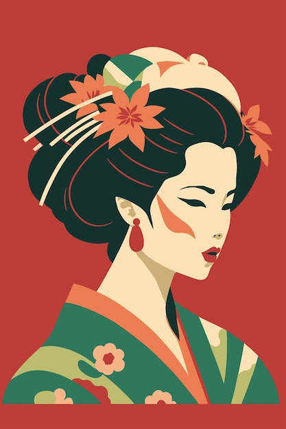 Vector portrait japanese geisha in kimono japan woman in traditional floral ornament