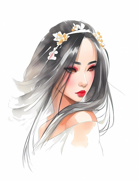 Vector portrait of japanese geisha woman with traditional