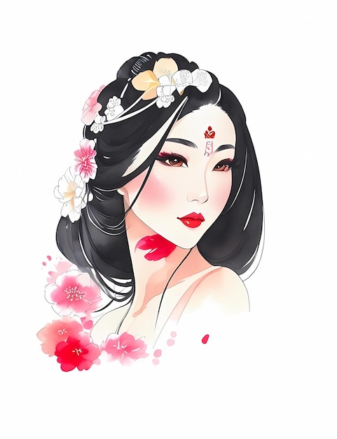 Vector portrait of japanese geisha woman with traditional