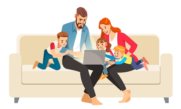 Vector portrait of a jolly family using a laptop sitting on sofa at home