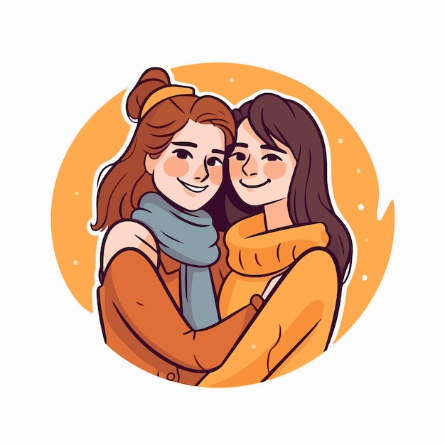 Vector portrait of lesbian couple being loving and happy two gay girls kissing pride community concept
