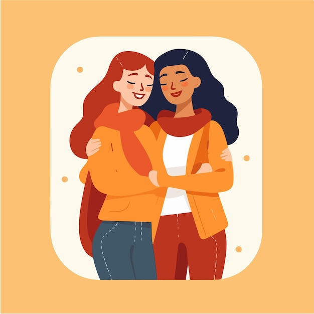 Vector portrait of lesbian couple being loving and happy two gay girls kissing pride community concept