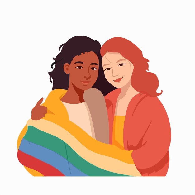 Vector a portrait of lesbian couple with a rainbow flag the concept of lgbtq illustration of a couple