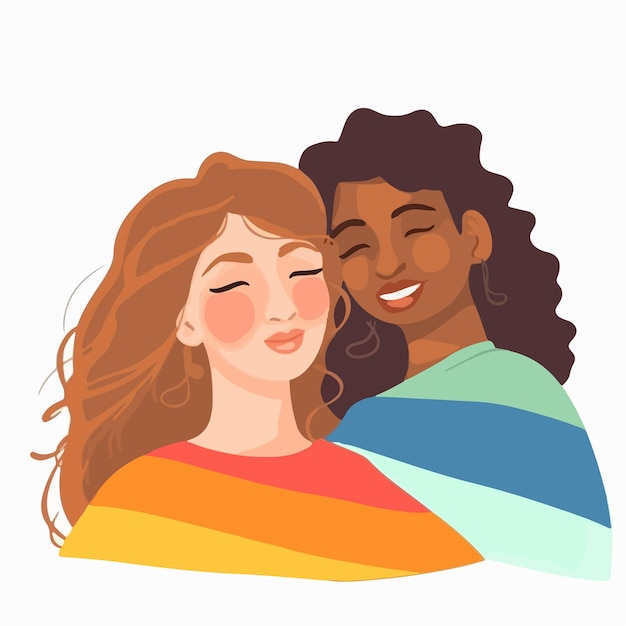 Vector a portrait of lesbian couple with a rainbow flag the concept of lgbtq illustration of a couple