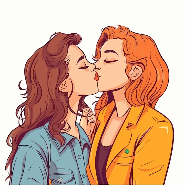 Vector a portrait of lesbian couple with a rainbow flag the concept of lgbtq