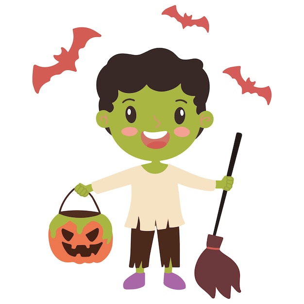 Portrait little boy wearing frankenstein costume while bringing witch broom and pumpkin basket for trick or treat halloween party vector