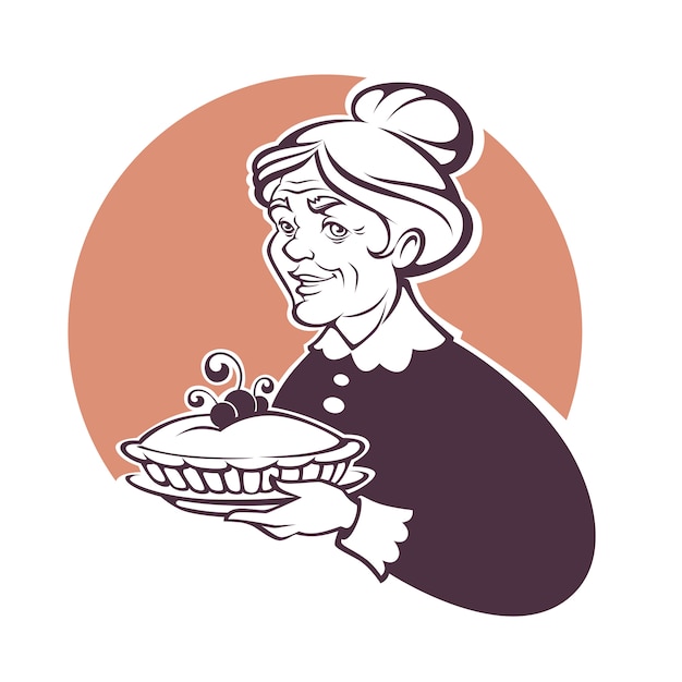 Portrait of lovely grandmother and home made pie, for your logo or label