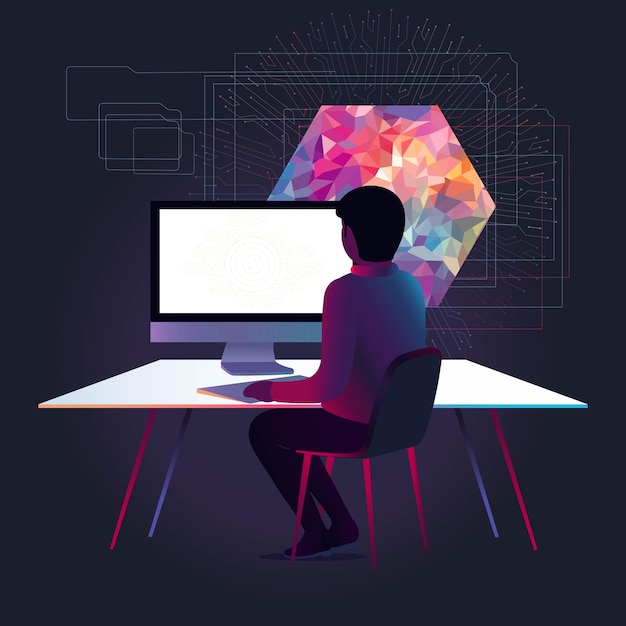 Vector portrait of male graphic designer working on computer at workplace and abstract background