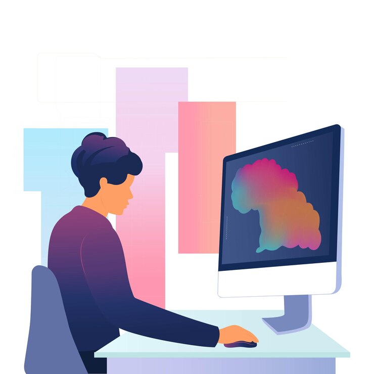 Vector portrait of male graphic designer working on computer at workplace and abstract background