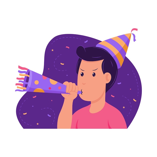 Portrait of a man blowing a trumpet to celebrate a birthday