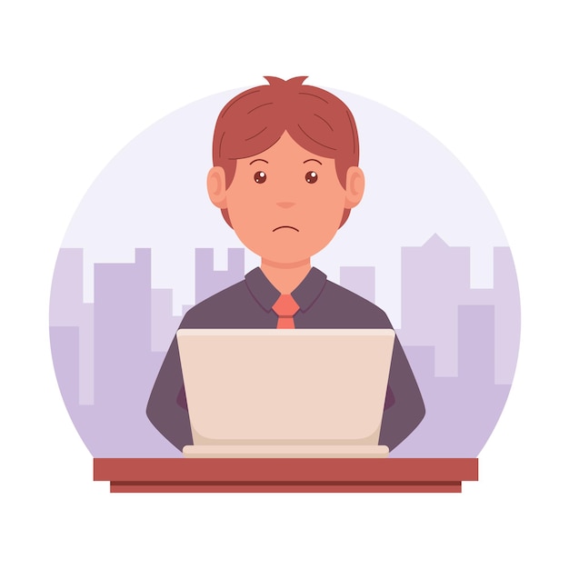 Vector portrait of a man hosting an event using a laptop against a city background