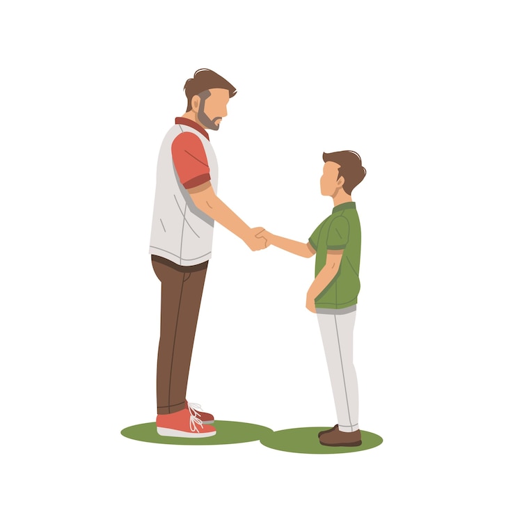 Vector portrait of man shaking hands with boy flat design