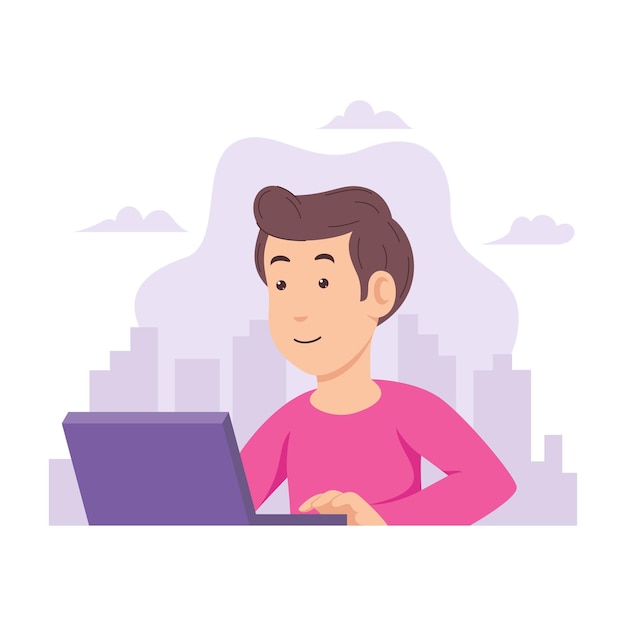 Vector portrait of man using laptop for presentation against city background