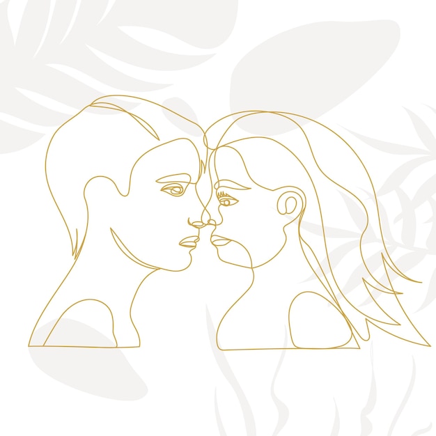 Portrait man and woman continuous line drawing sketch vector