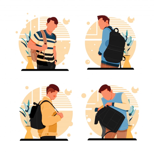Ritratto di uomini in posa in abiti eleganti con la sua borsa. concetto di design piatto. illustrazione