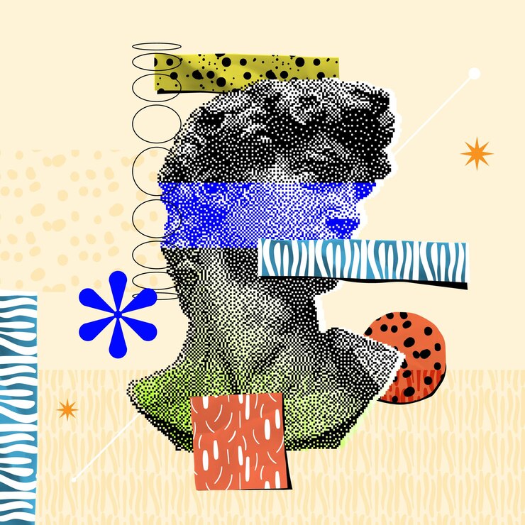 Vector portrait of michelangelos david with collage technique and color blocking aesthetic contemporary art