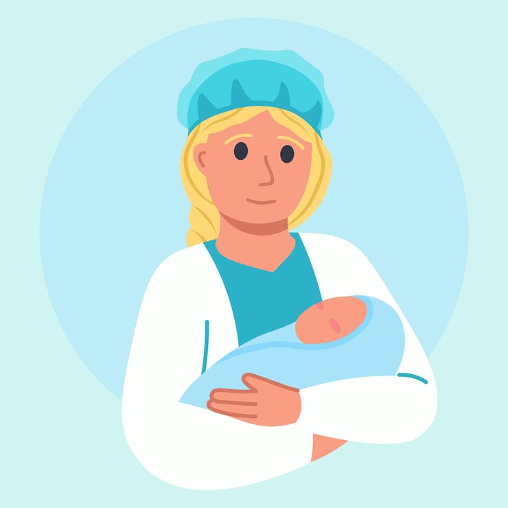 Vector portrait of midwife nurse nunny with newborn baby vector flat style illustration