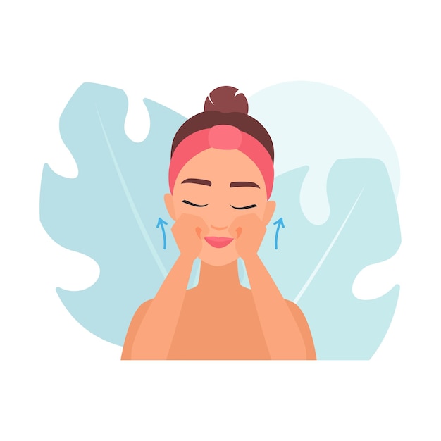 Portrait of model girl massaging skin of cheeks in upward massage arrows