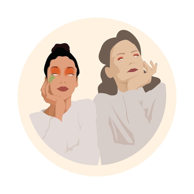 Vector portrait of a modern grandmother and granddaughter with bright makeup