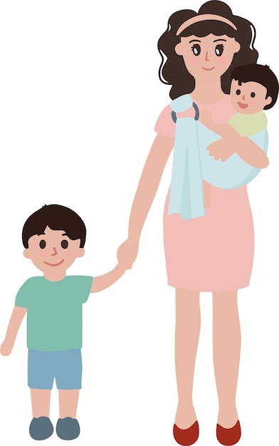 Portrait mom of two kids carrying a baby with wrap and holding hand a toddler vector illustration