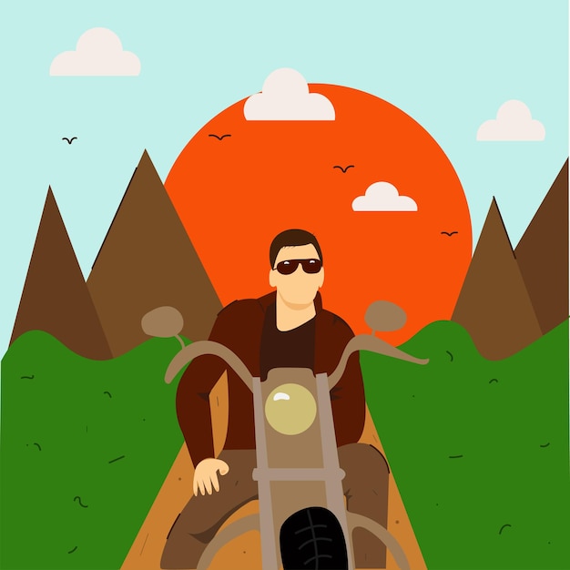 Vector portrait of a motorcyclist in the mountains on a motorcycle sits