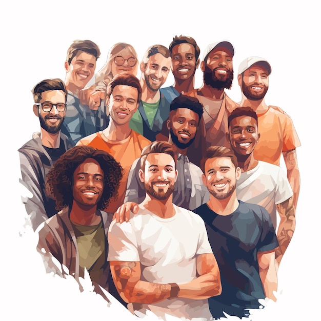 Vector portrait of multicultural multiethnic crowd of different men