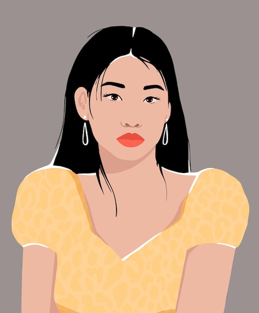 Портрет красивой азиатской девушки в желтом платье с большими серьгами современная плоская иллюстрация