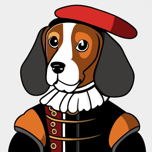 歴史的な軍事制服を着た犬の肖像画手描きの平らなスタイリッシュな漫画のステッカー