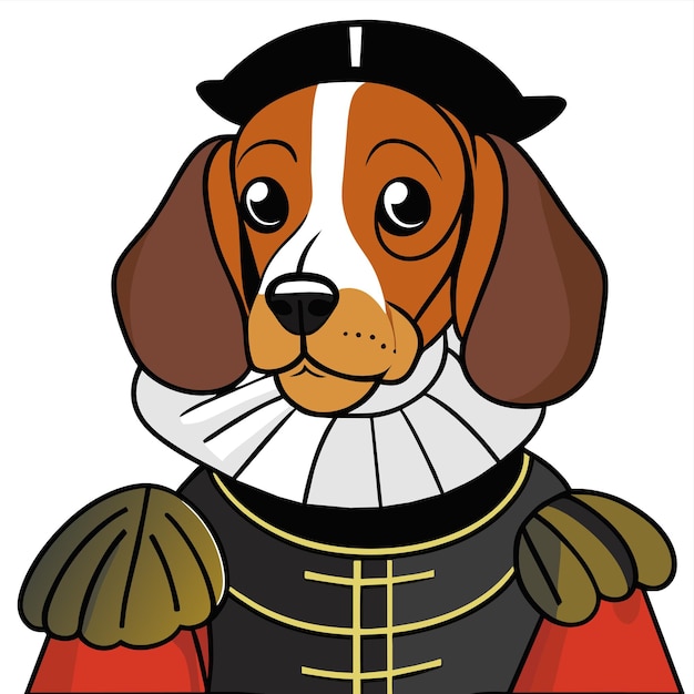 ベクトル 歴史的な軍事制服を着た犬の肖像画手描きの平らなスタイリッシュな漫画のステッカー