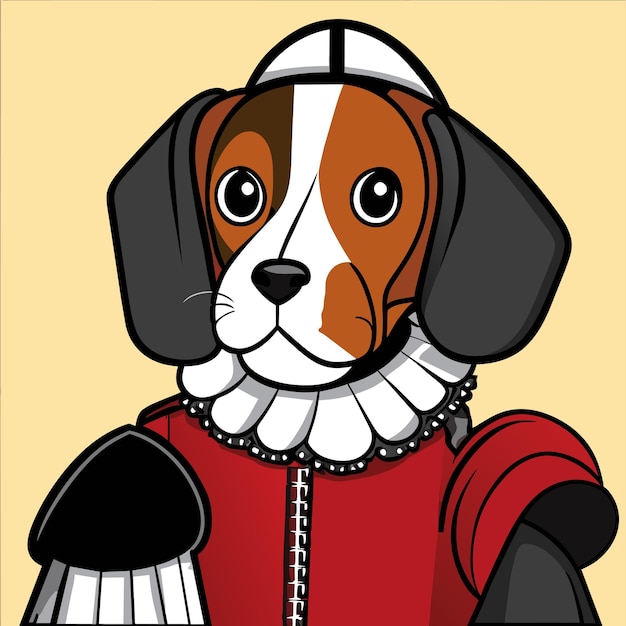 Вектор Портрет собаки в исторической военной форме, нарисованный вручную плоской стильной мультфильмой