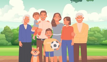 portrait of a happy big family parents children grandmother grandfather and pet together