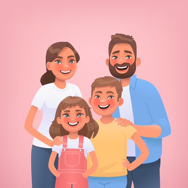 ピンクの背景に幸せな家族の肖像画 お母さんお父さんの息子と娘が一緒にポーズ